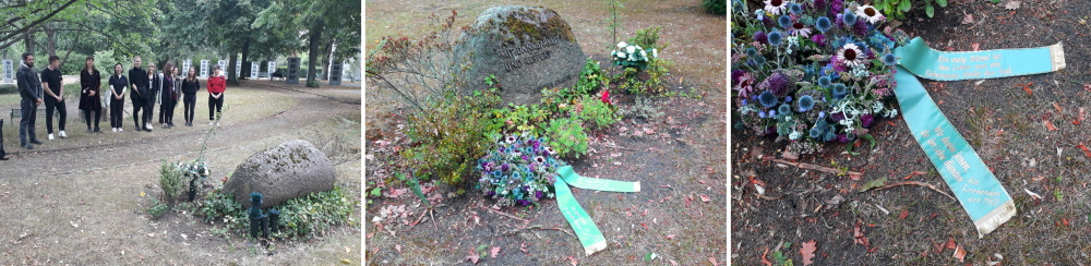 Gedenkstein, Gesteck, Studierende auf dem Friedhof Baumschulenweg